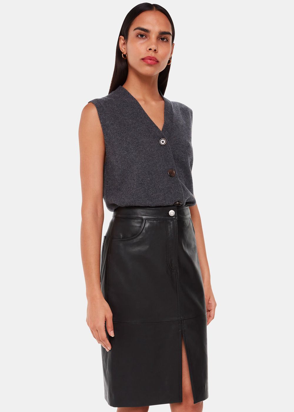 Whistles Leather Front Split Midi Skirts Black | US-82370MFBO