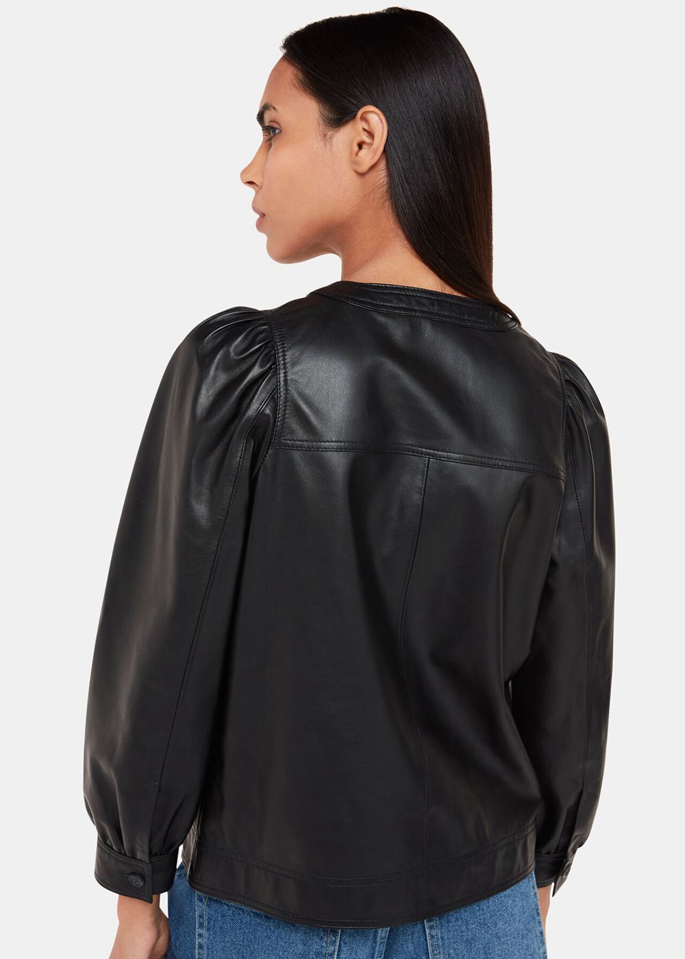 Whistles Leather Gathered Sleeve Shirts Black | US-85039EYIQ