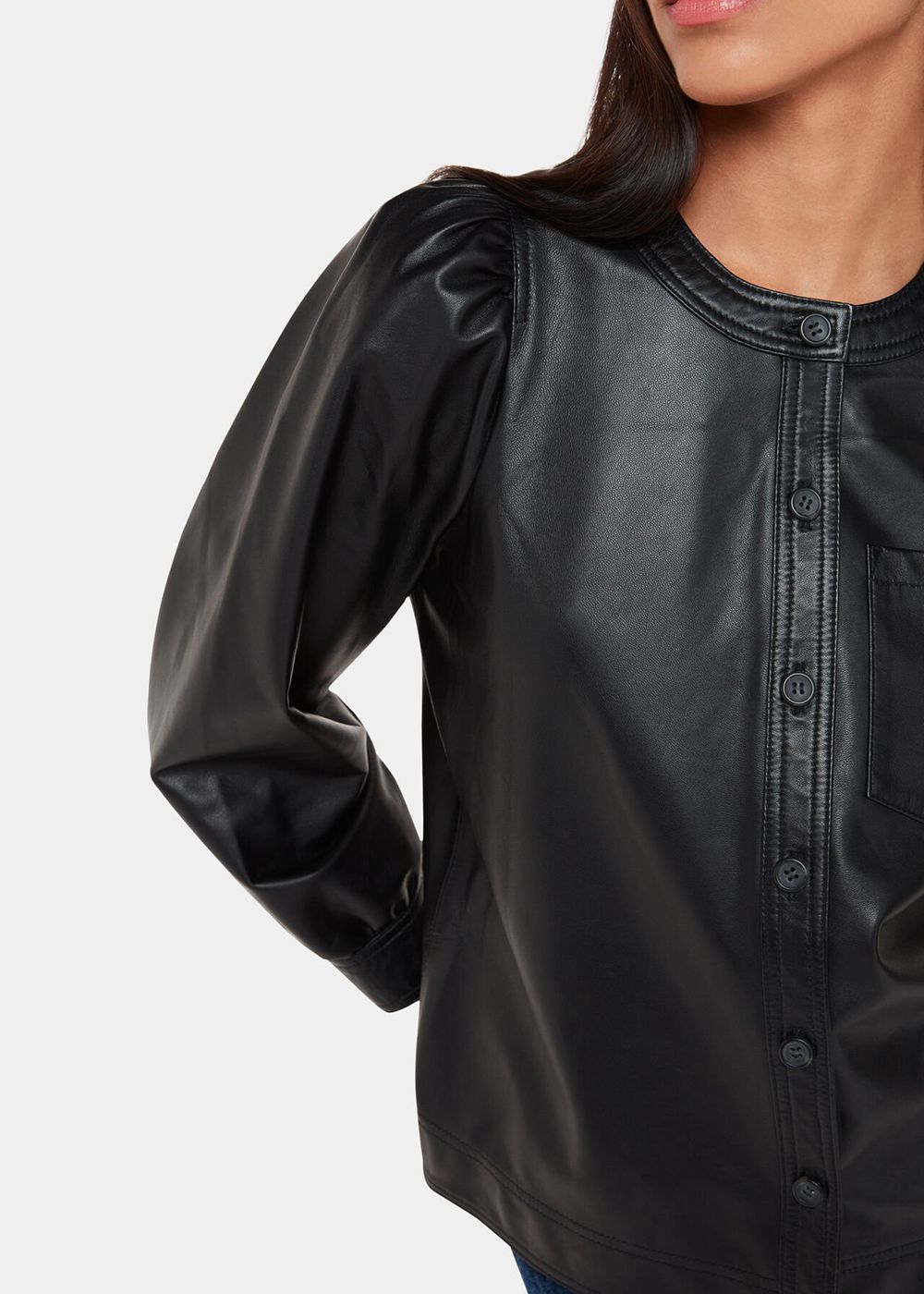 Whistles Leather Gathered Sleeve Shirts Black | US-85039EYIQ