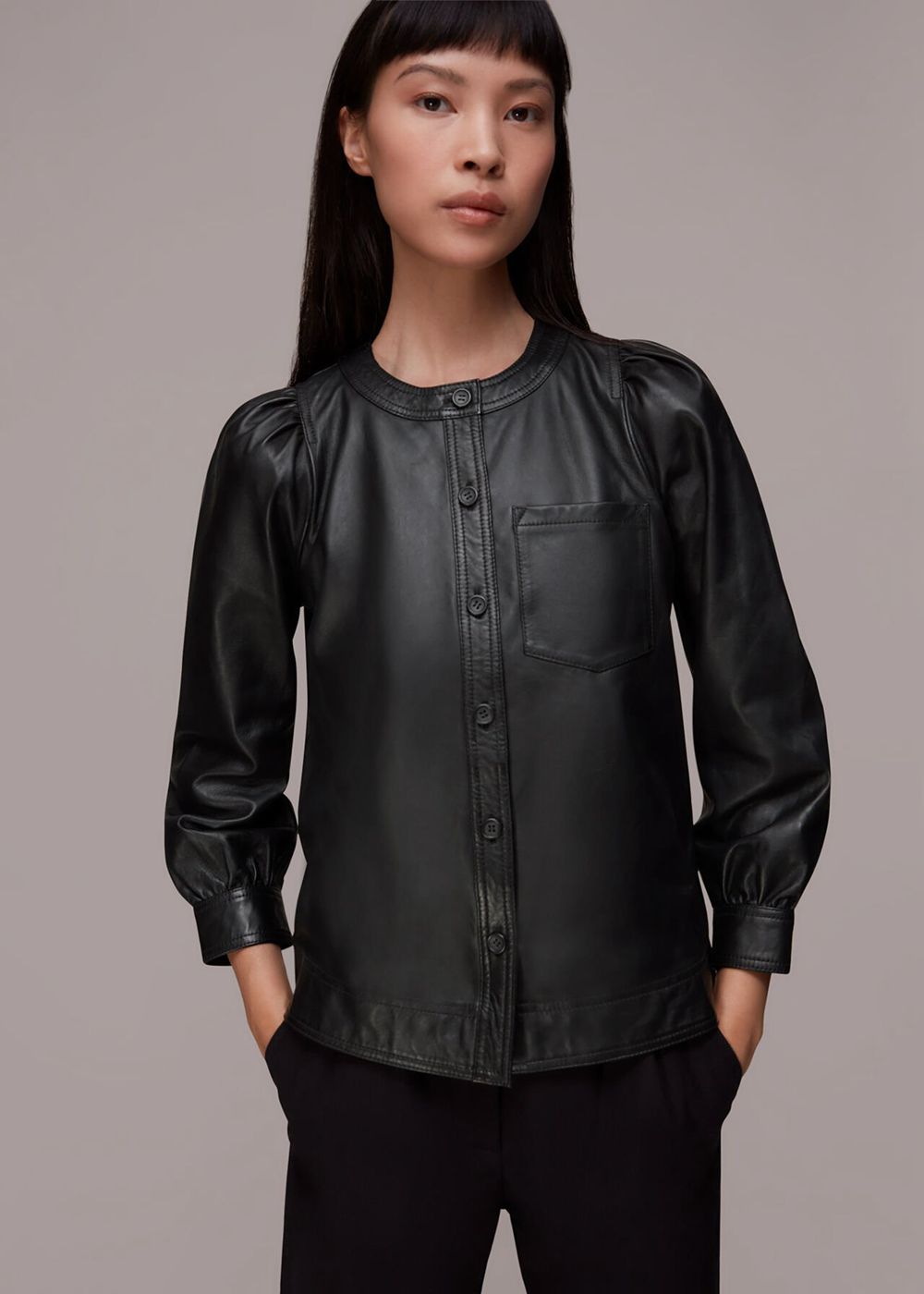 Whistles Leather Gathered Sleeve Shirts Black | US-85039EYIQ