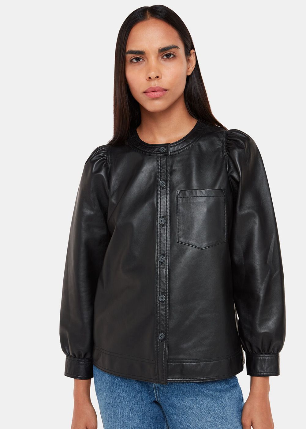 Whistles Leather Gathered Sleeve Shirts Black | US-12374IVEU