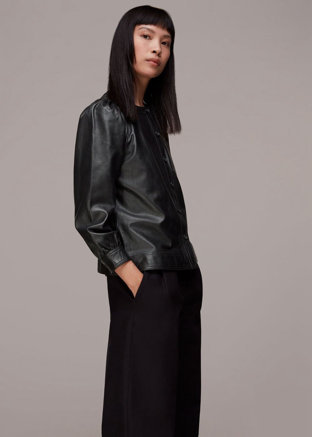 Whistles Leather Gathered Sleeve Shirts Black | US-12374IVEU