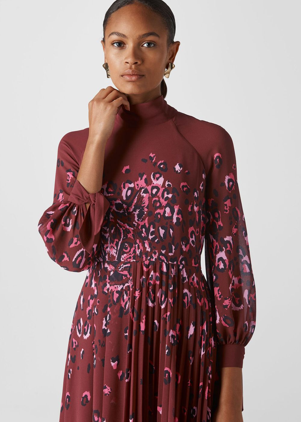 Whistles Leo Print Pleated Dress Burgundy | US-75629GKEN