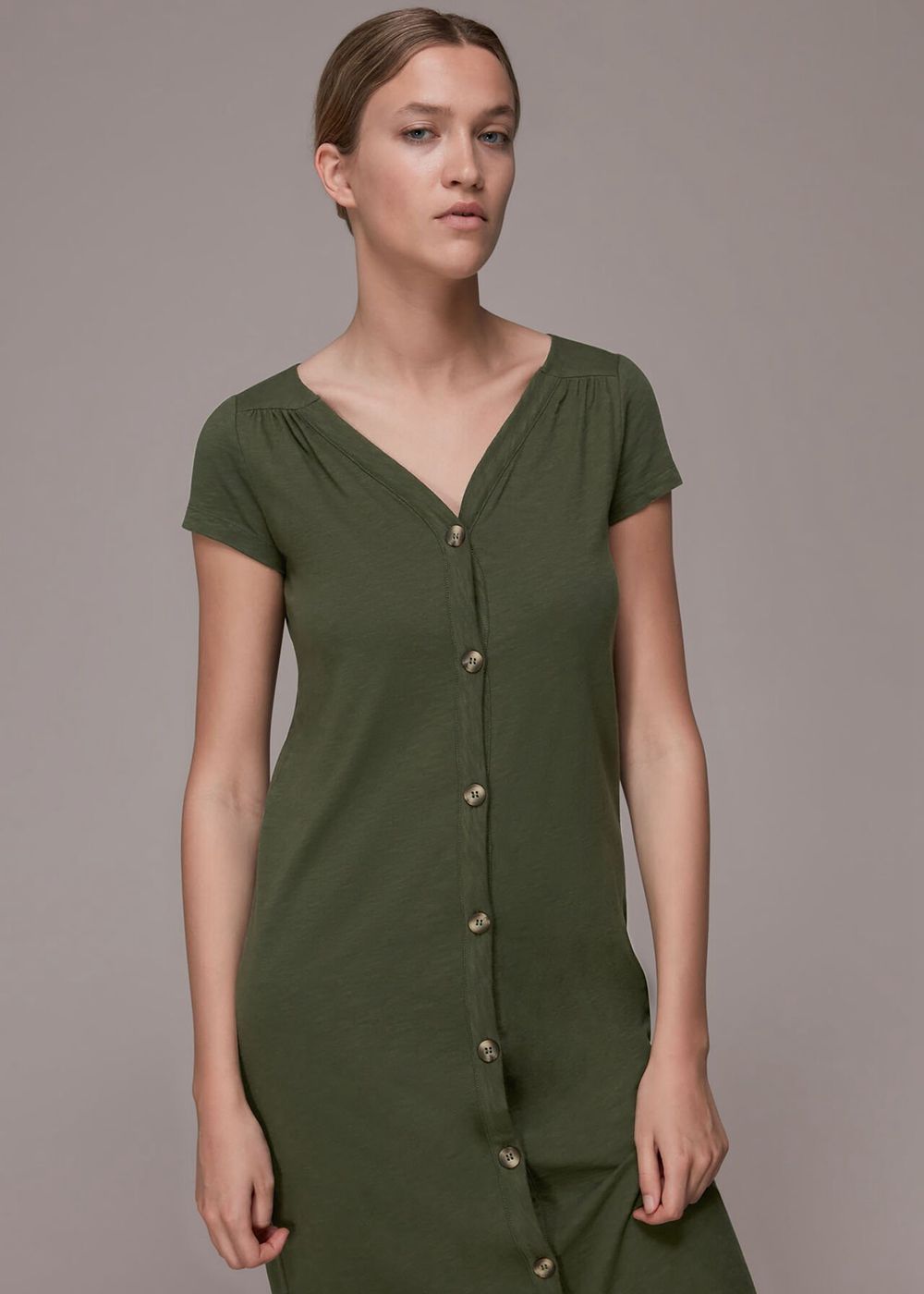 Whistles Leonie Button Through Dress Khaki | US-48695YSFM