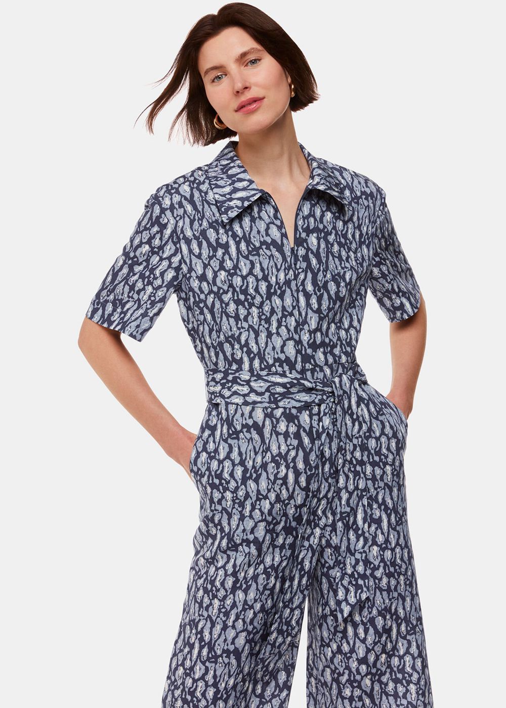 Whistles Leopard Linen Blend Jumpsuit Navy / Multicolor | US-79264TOAF