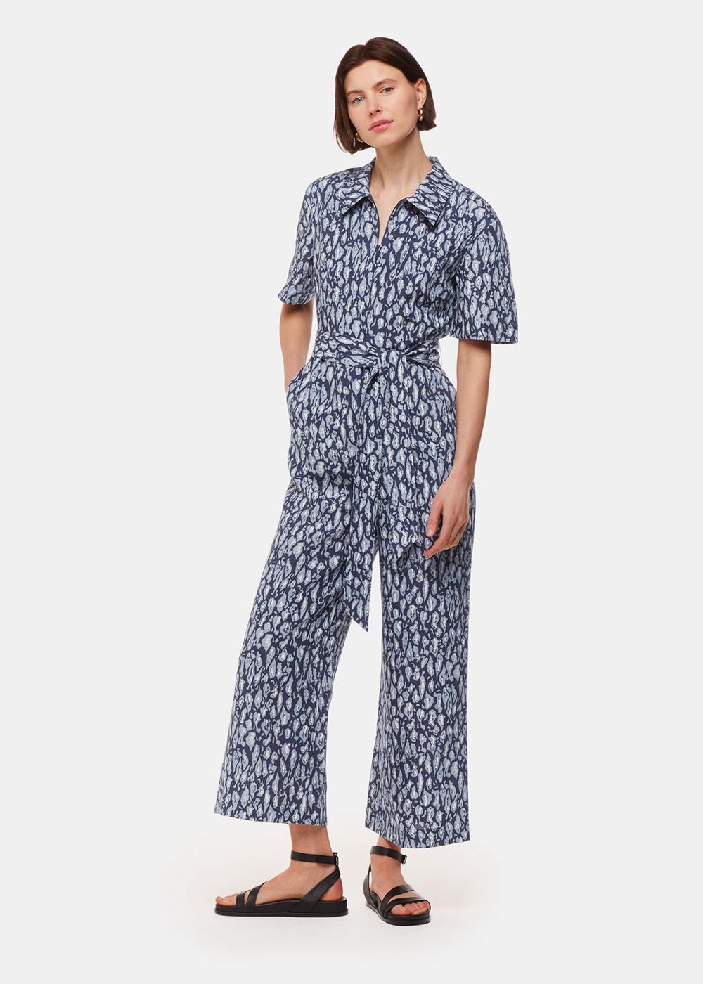 Whistles Leopard Linen Blend Jumpsuit Navy / Multicolor | US-79264TOAF