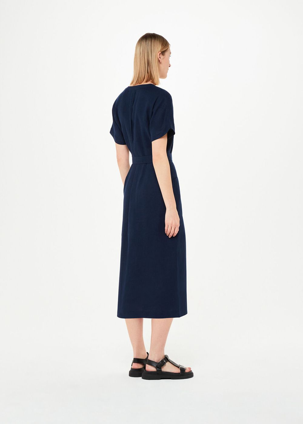 Whistles Linen Belted Midi Dress Navy | US-92107ZBAO