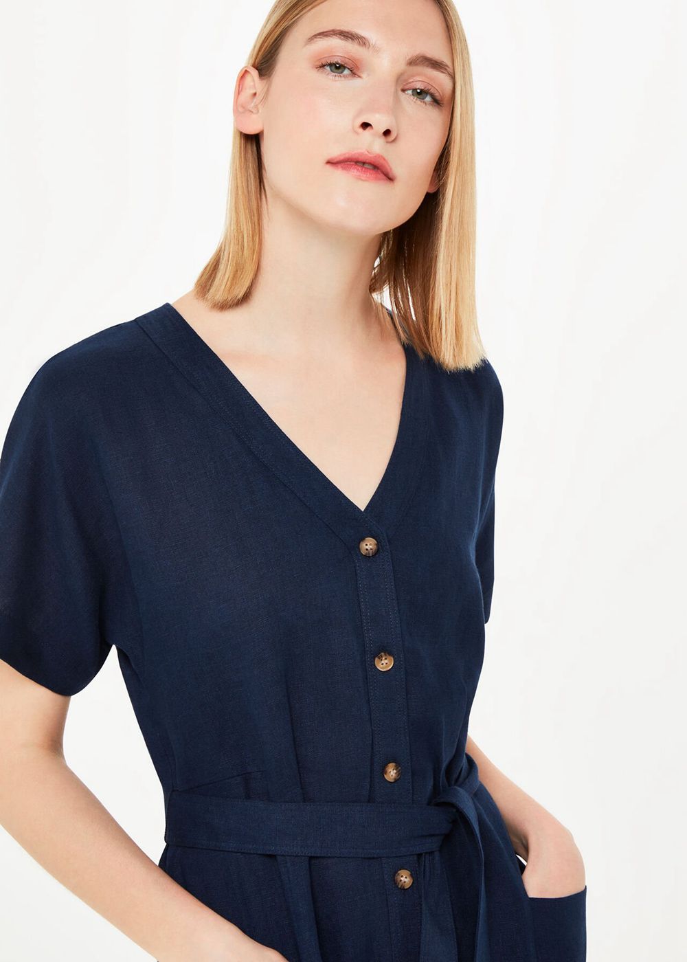 Whistles Linen Belted Midi Dress Navy | US-92107ZBAO