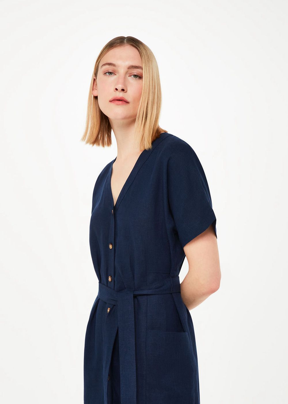 Whistles Linen Belted Midi Dress Navy | US-92107ZBAO