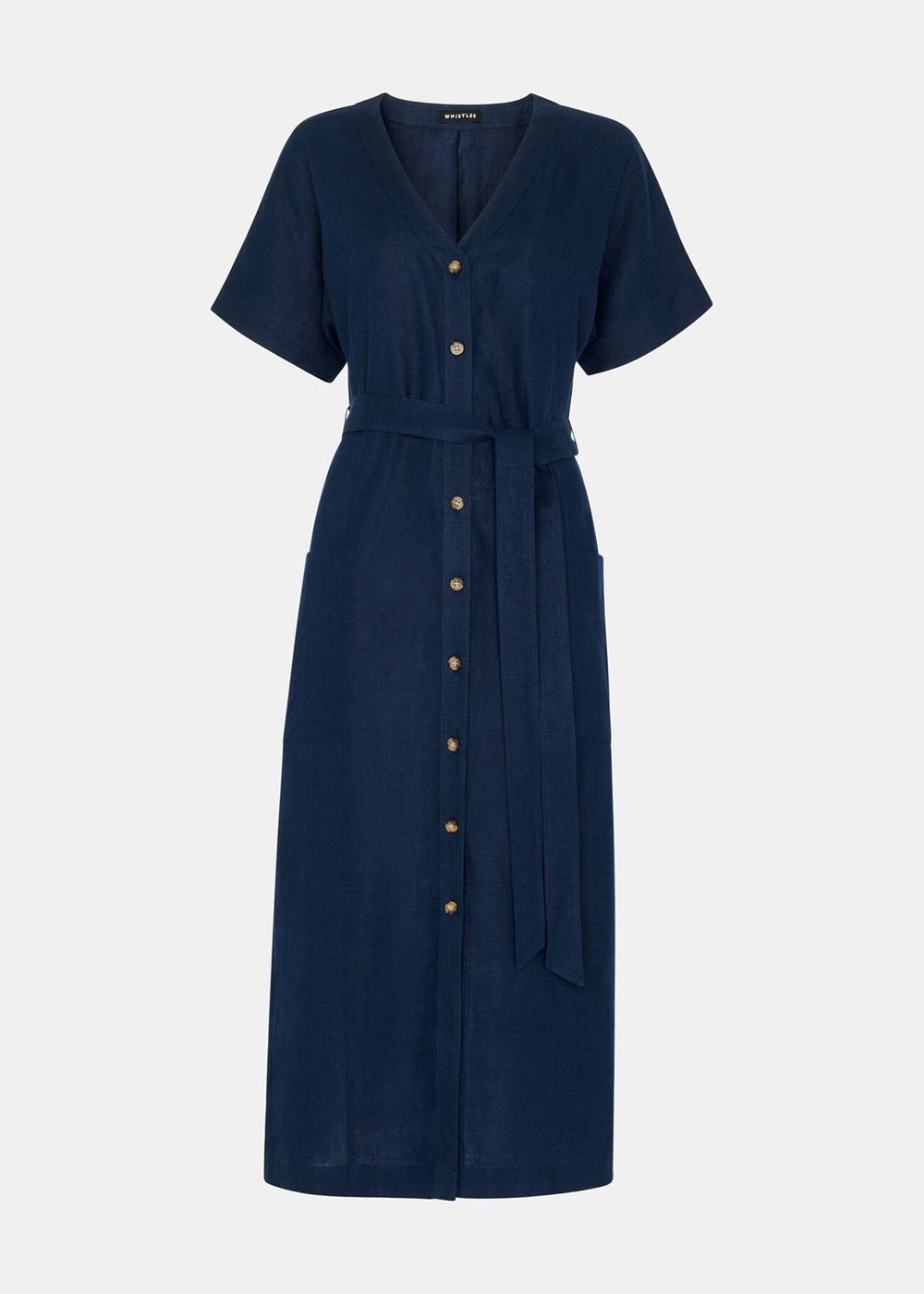 Whistles Linen Belted Midi Dress Navy | US-92107ZBAO