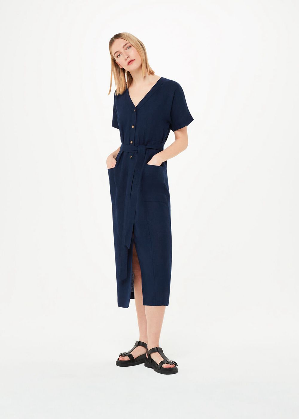 Whistles Linen Belted Midi Dress Navy | US-92107ZBAO