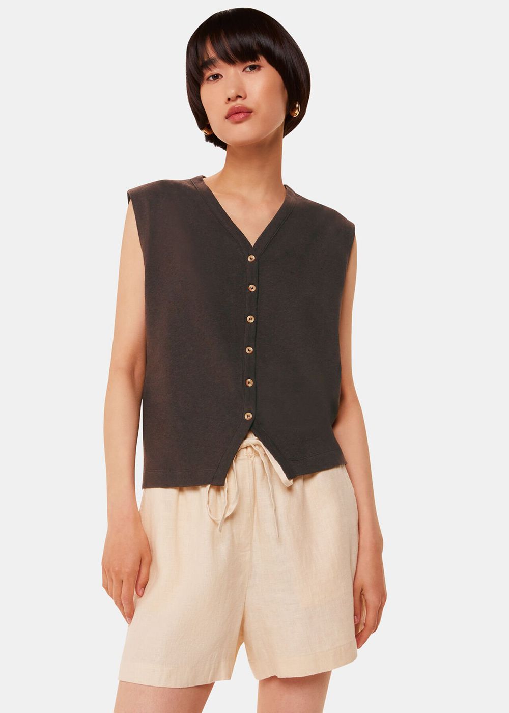 Whistles Linen Button Front Tank Top Chocolate | US-27456PHCJ