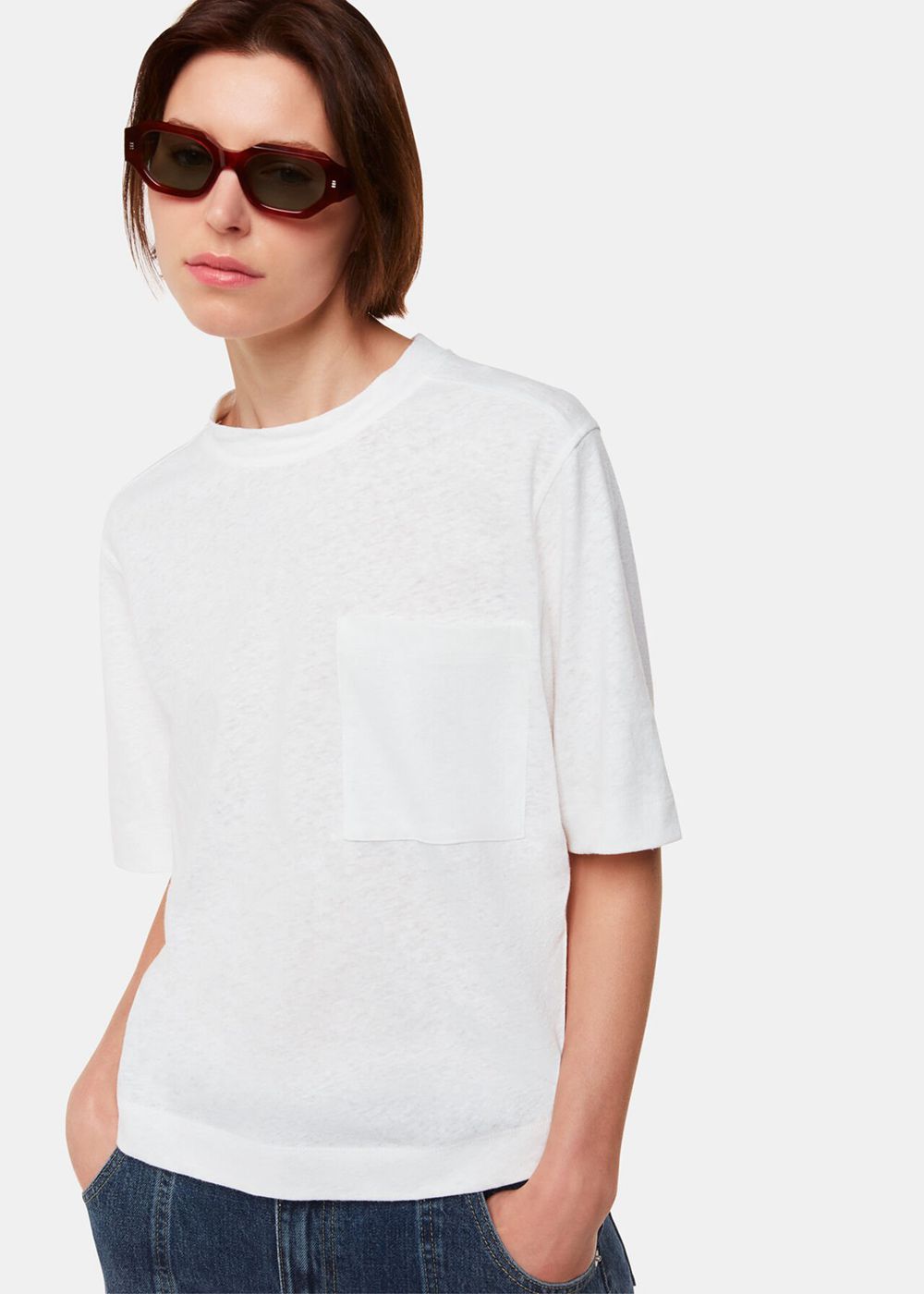 Whistles Linen Pocket Blend T-Shirt White | US-90256HNBR