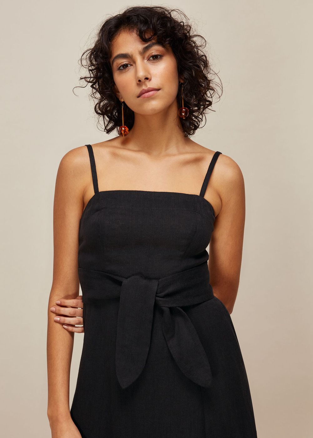 Whistles Linen Tie Front Strappy Dress Black | US-13426MECG