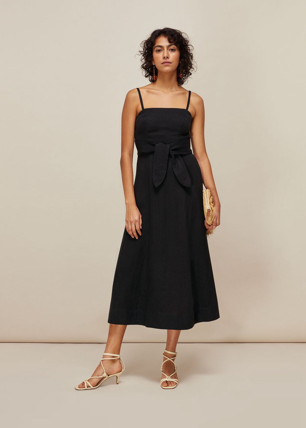 Whistles Linen Tie Front Strappy Dress Black | US-13426MECG