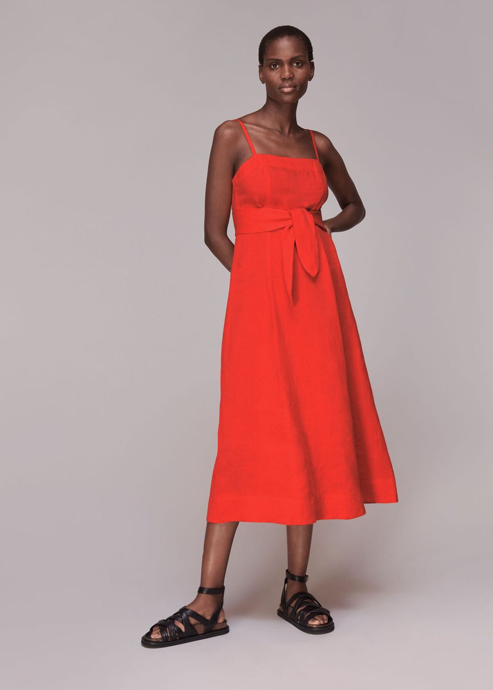 Whistles Linen Tie Front Strappy Dress Red | US-39215LWBQ