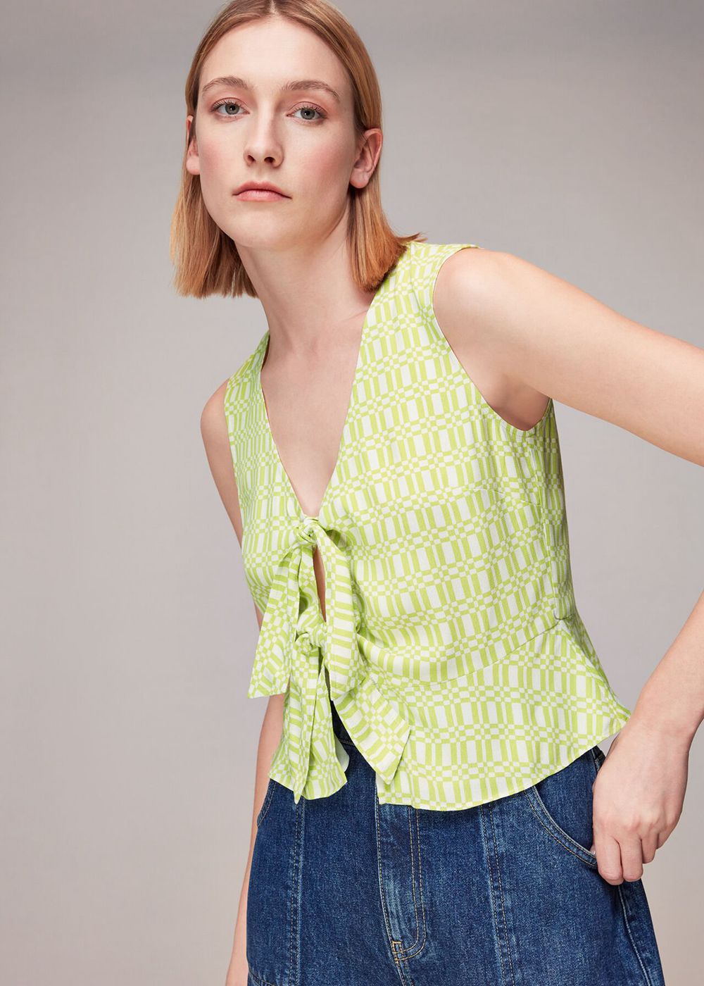 Whistles Link Check Tie Front Top Green / Multicolor | US-37690DHNU