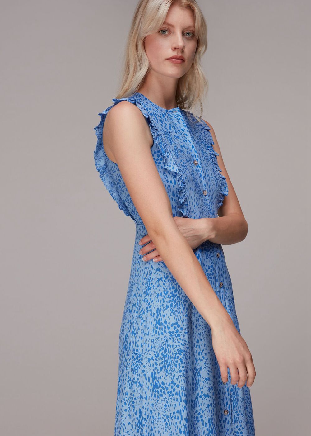 Whistles Lively Animal Frill Midi Dress Blue / Multicolor | US-28376AMGV