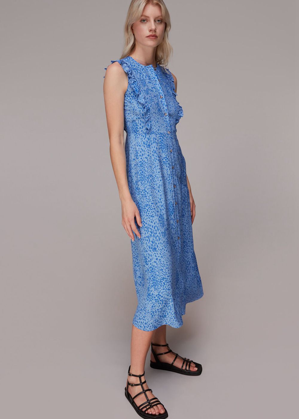 Whistles Lively Animal Frill Midi Dress Blue / Multicolor | US-28376AMGV