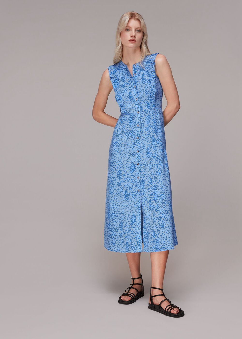 Whistles Lively Animal Frill Midi Dress Blue / Multicolor | US-28376AMGV