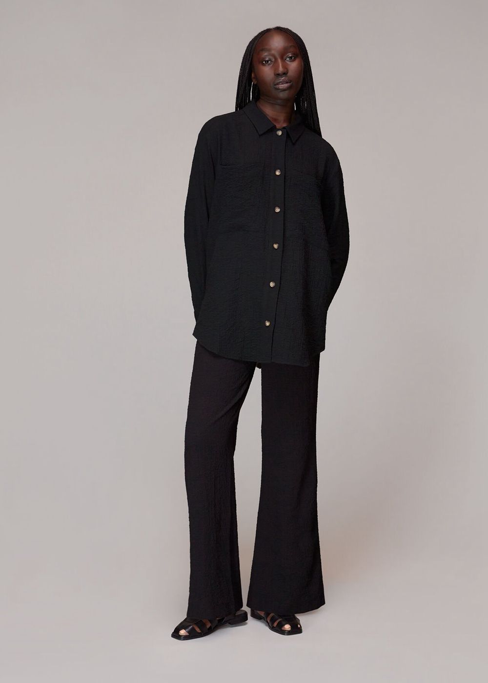 Whistles Lola Crinkle Overshirt Top Black | US-74591WZLQ