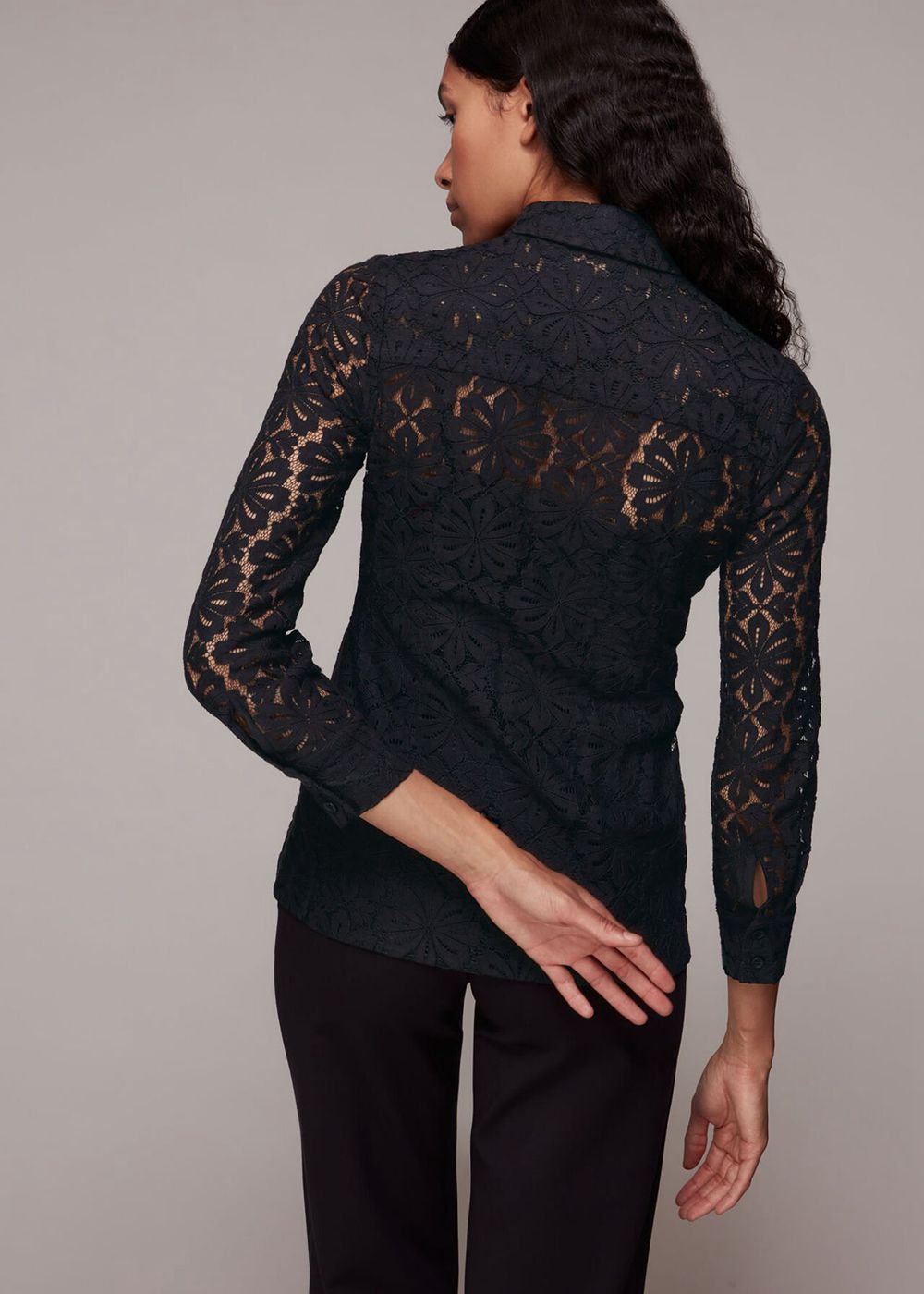 Whistles Longline Lace Detail Shirts Black | US-08934PKHZ