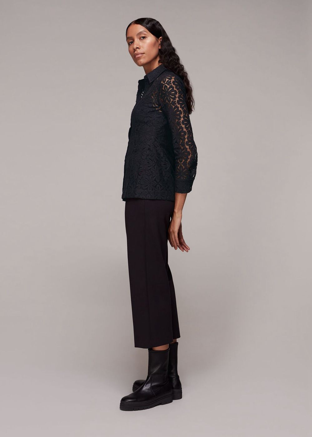 Whistles Longline Lace Detail Shirts Black | US-08934PKHZ