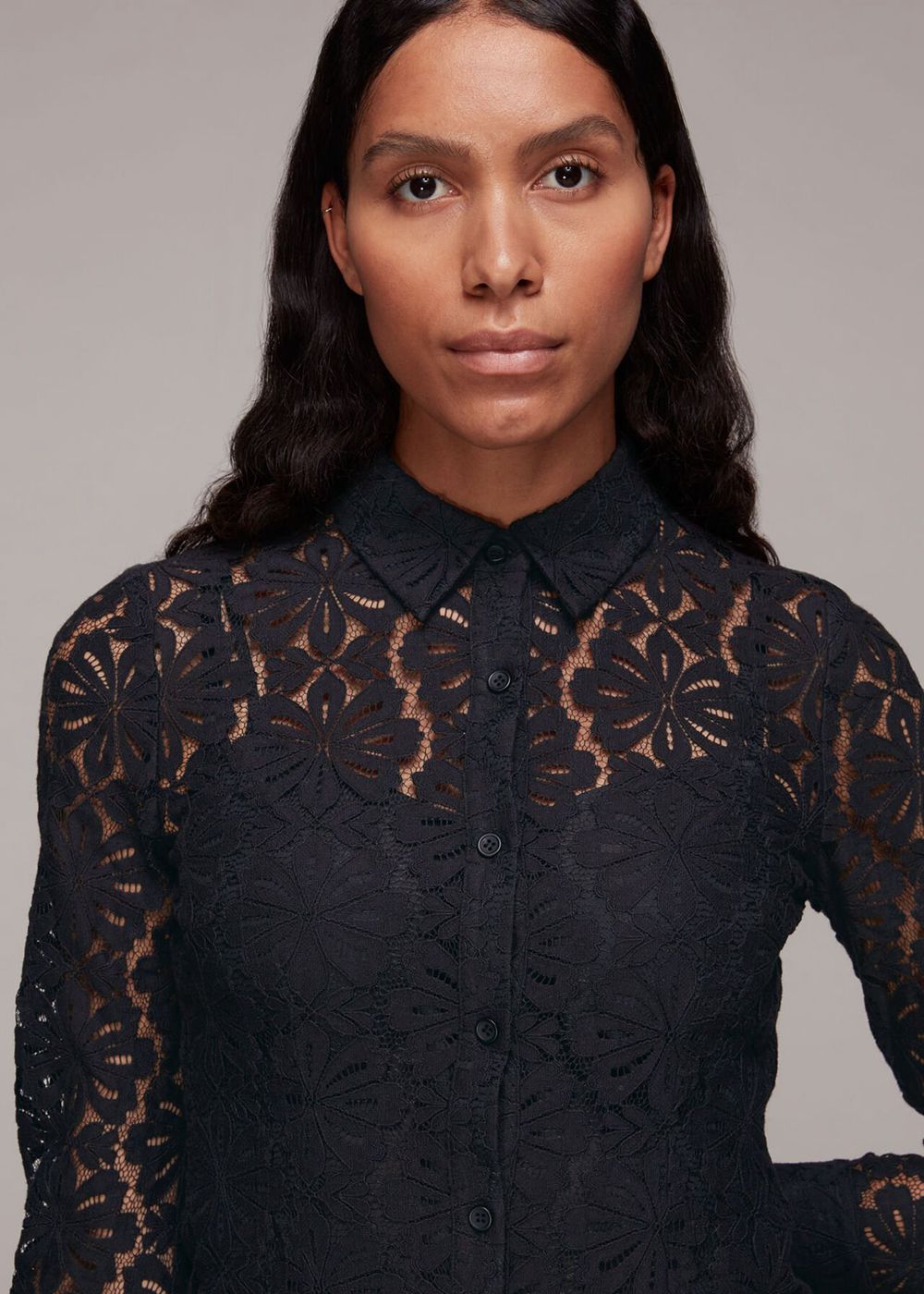 Whistles Longline Lace Detail Shirts Black | US-08934PKHZ