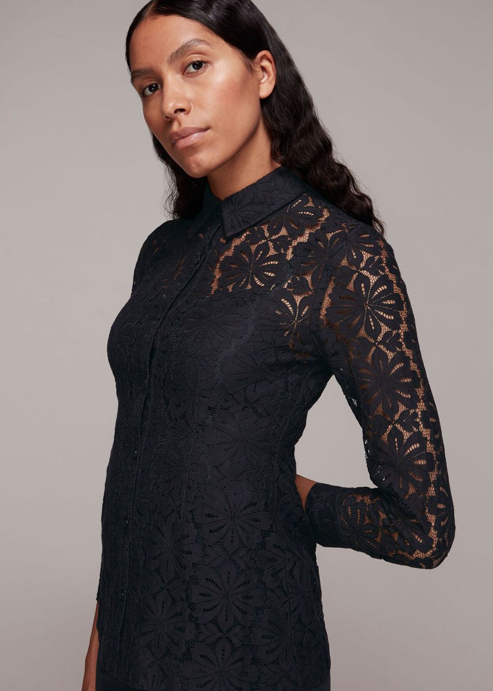 Whistles Longline Lace Detail Shirts Black | US-08934PKHZ