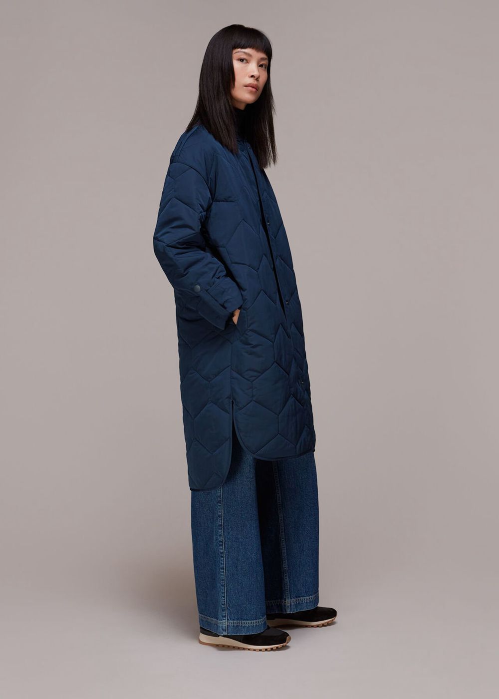 Whistles Longline Quilted Coat Navy | US-59637HSMF