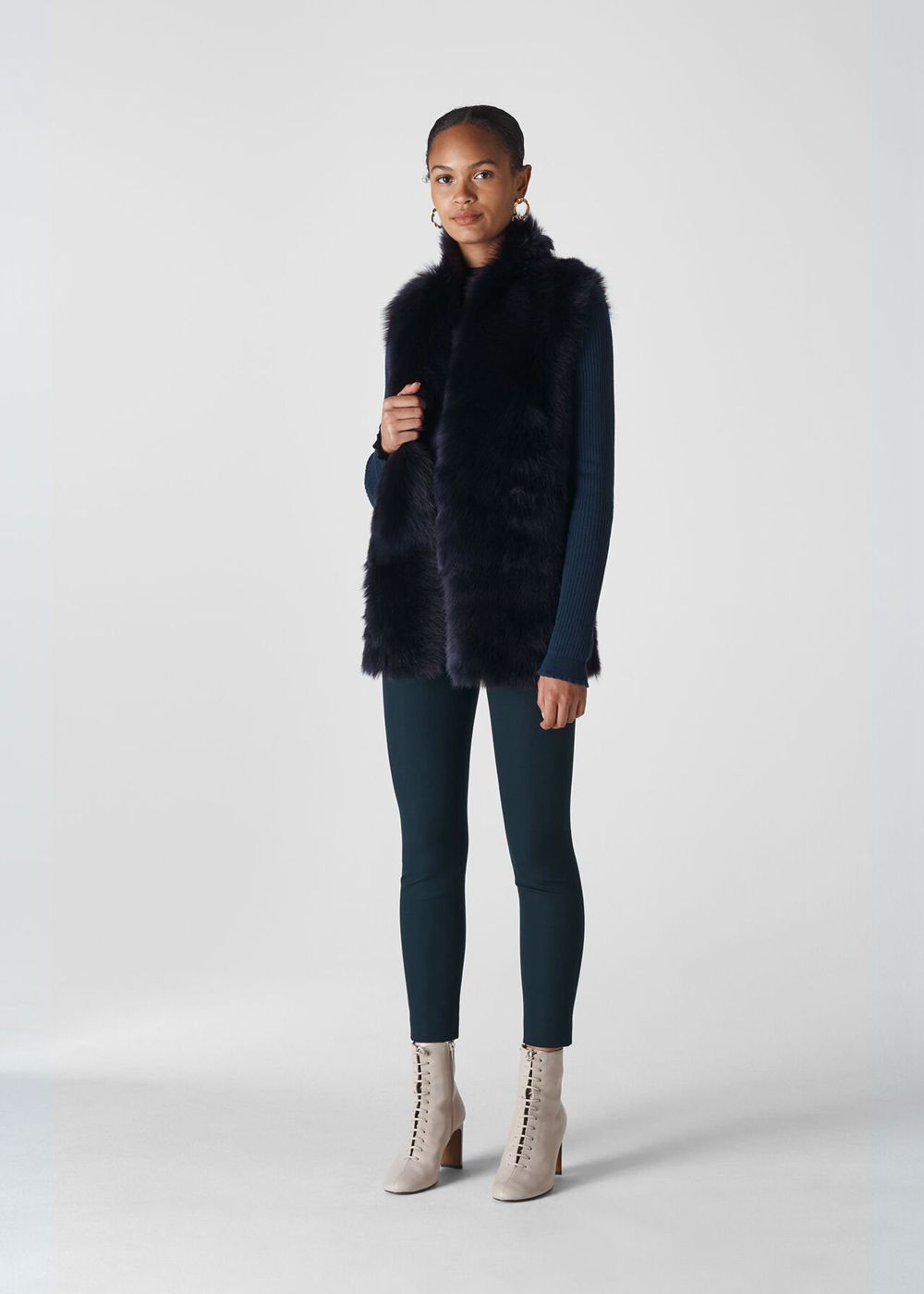 Whistles Longline Sheepskin Vest Navy | US-08136TSLA