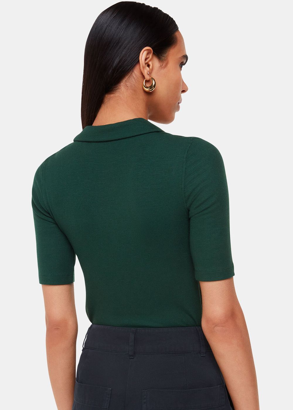 Whistles Lucie Ribbed Collar Polo Shirt Dark Green | US-78096IDCM