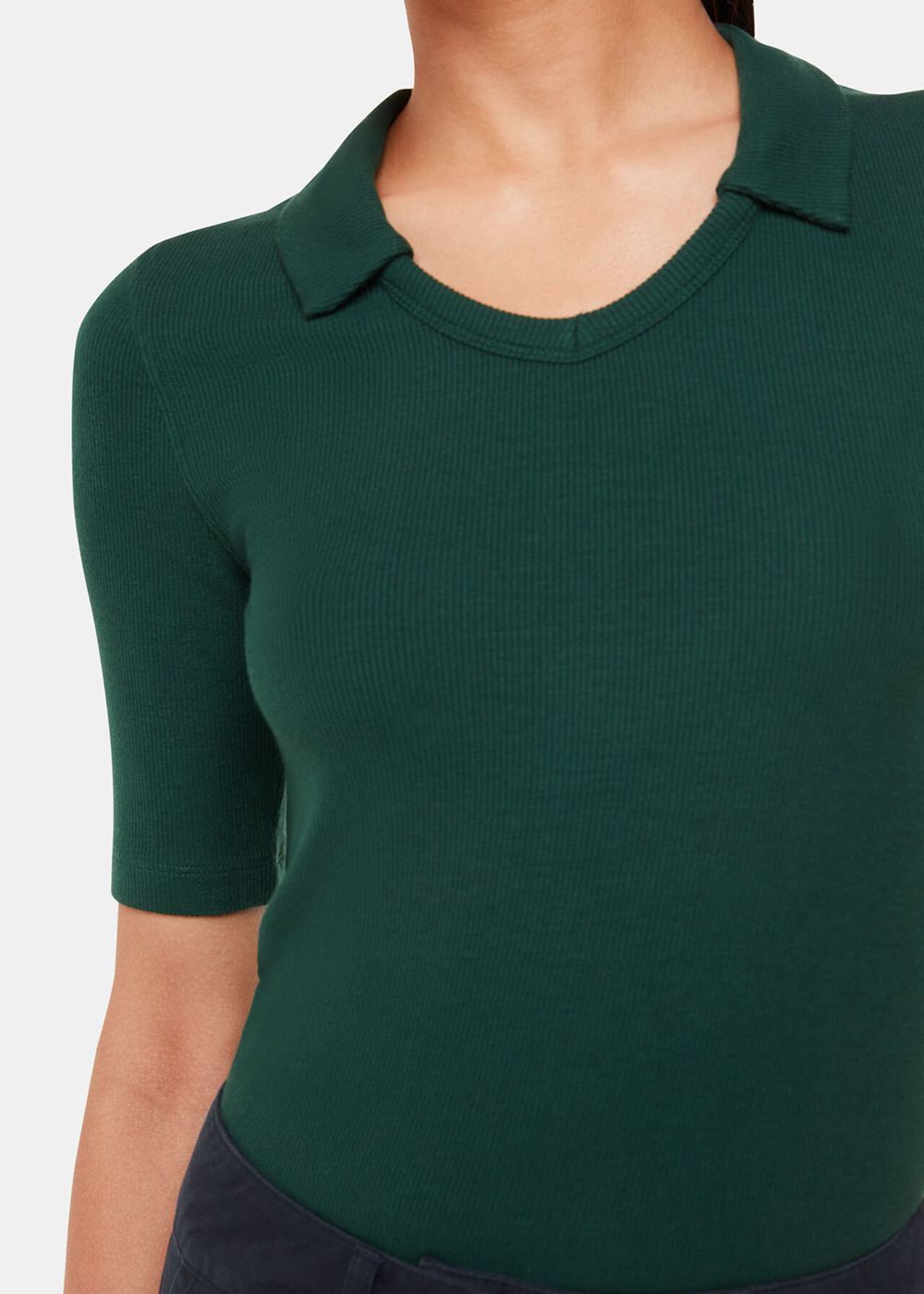 Whistles Lucie Ribbed Collar Polo Shirt Dark Green | US-78096IDCM