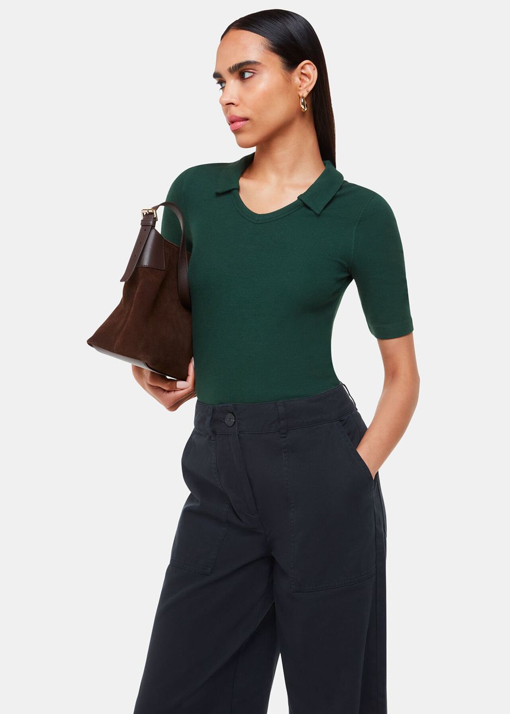 Whistles Lucie Ribbed Collar Polo Shirt Dark Green | US-78096IDCM