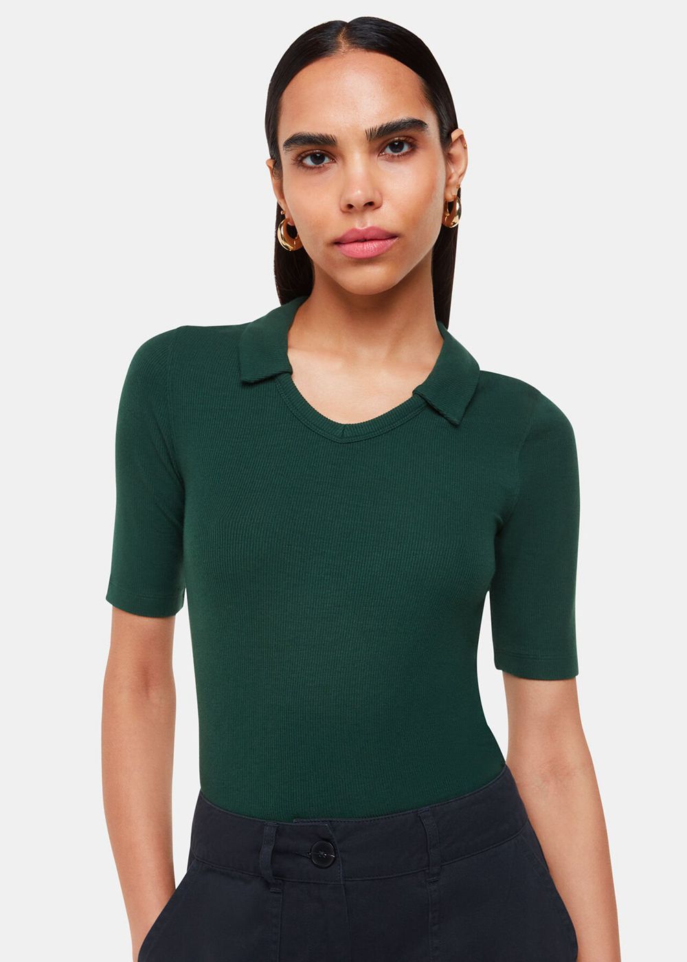 Whistles Lucie Ribbed Collar Polo Shirt Dark Green | US-78096IDCM