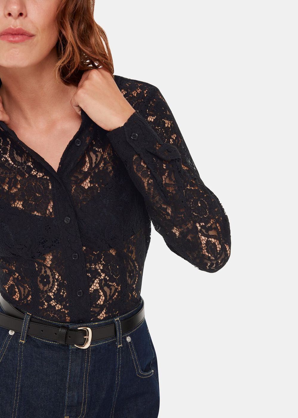 Whistles Lucy Seam Detail Lace Shirts Black | US-45081FHGR