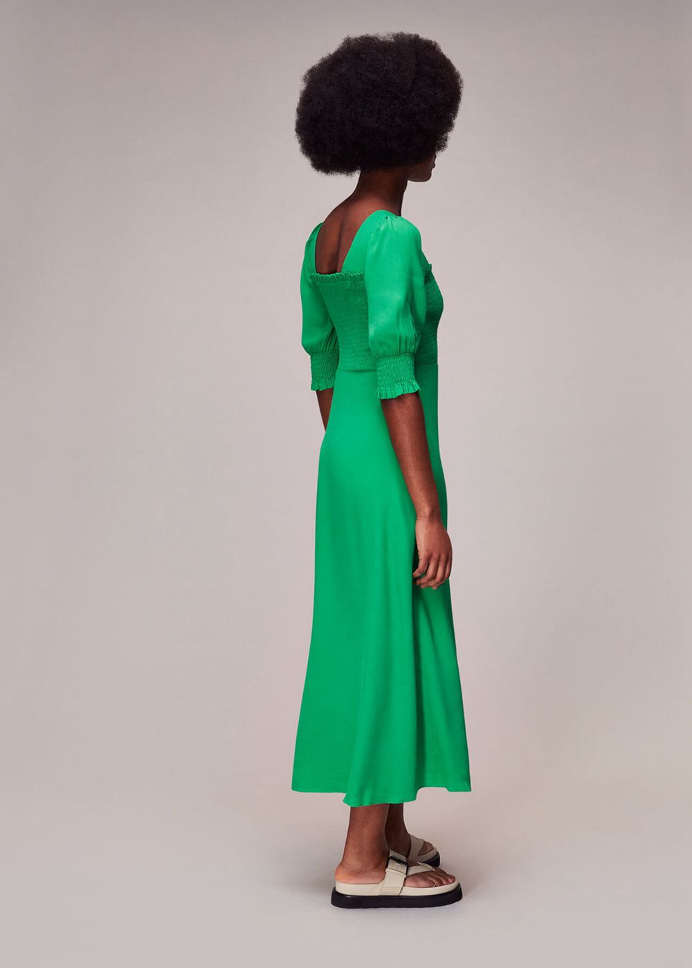 Whistles Luna Shirred Bodice Midi Dress Green | US-28640UPVC