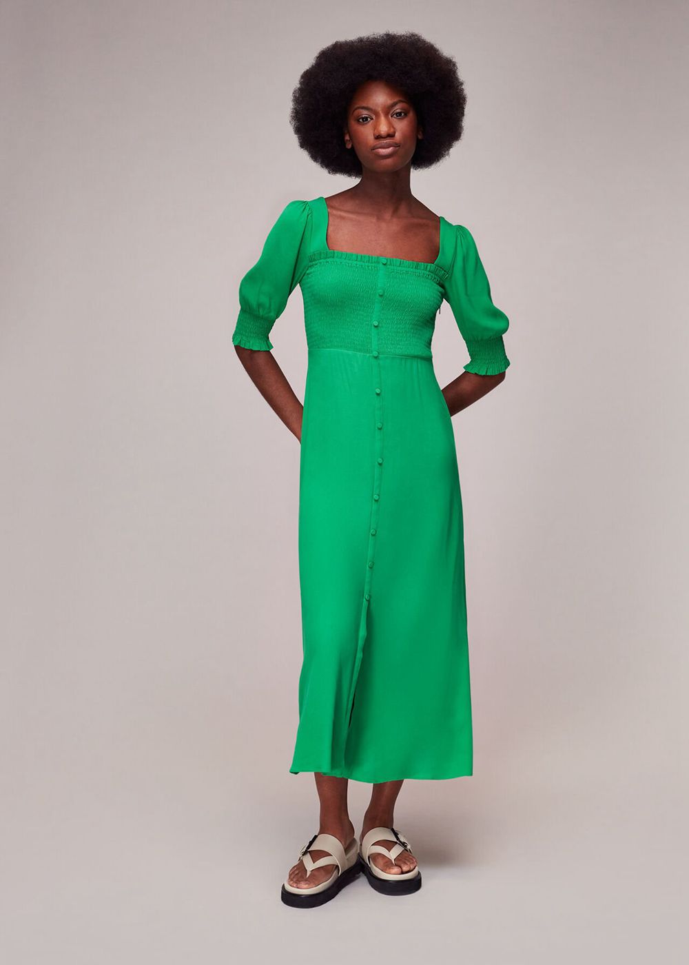 Whistles Luna Shirred Bodice Midi Dress Green | US-28640UPVC