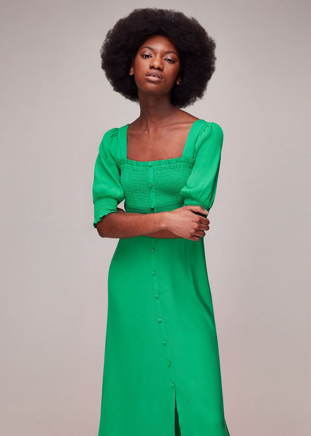 Whistles Luna Shirred Bodice Midi Dress Green | US-28640UPVC