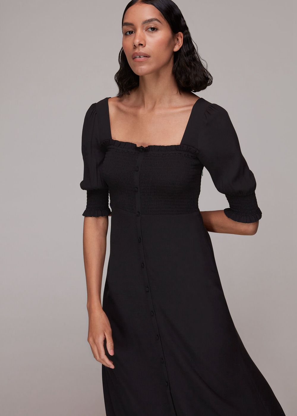 Whistles Luna Shirred Bodice Midi Dress Black | US-97285DIJQ