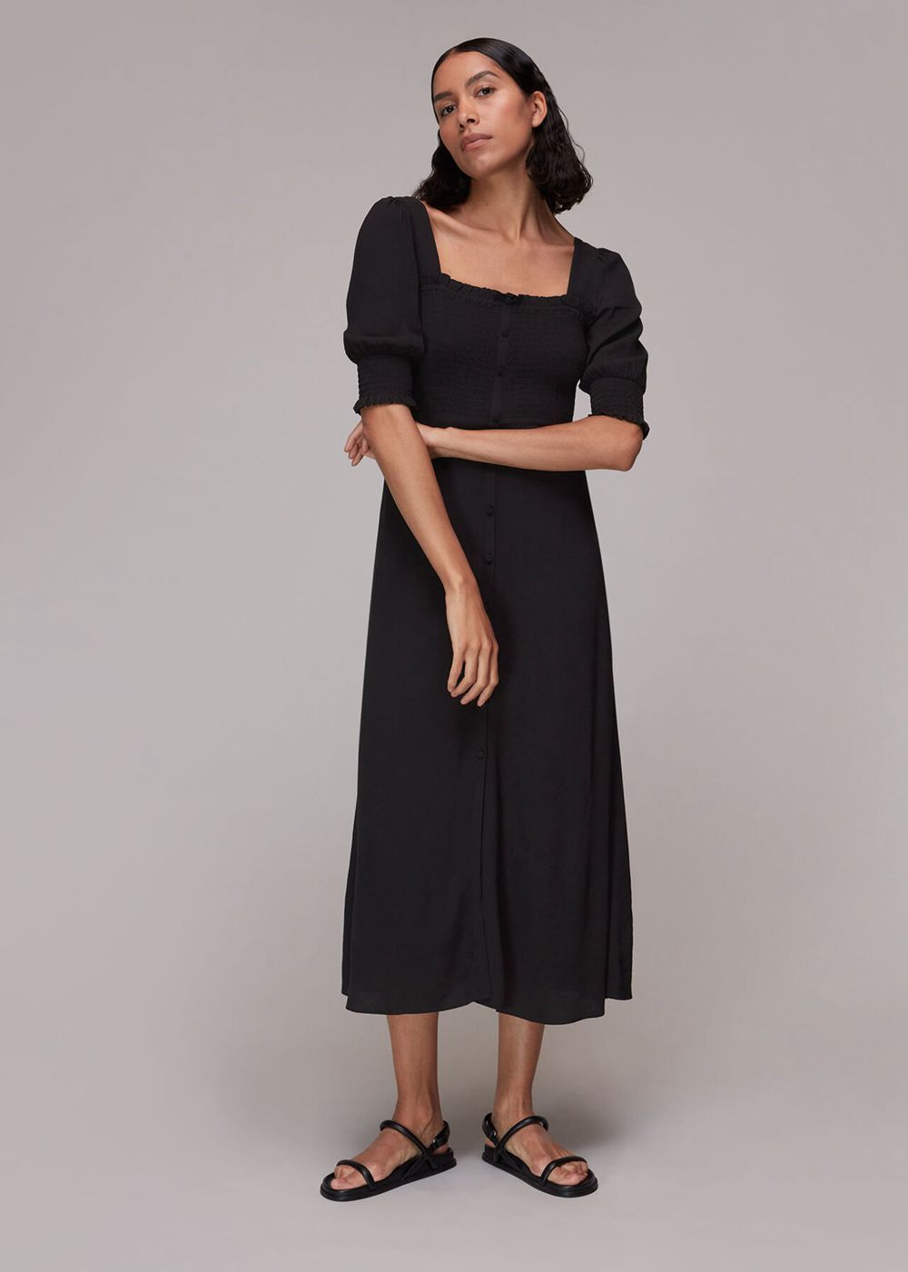 Whistles Luna Shirred Bodice Midi Dress Black | US-97285DIJQ