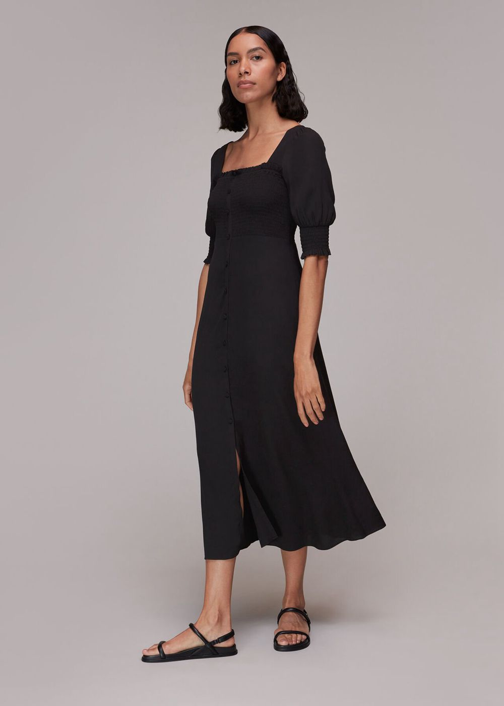 Whistles Luna Shirred Bodice Midi Dress Black | US-97285DIJQ