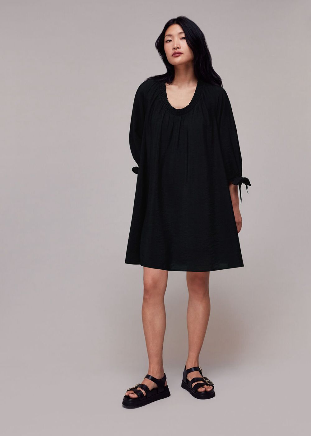 Whistles Lydia Gathered Trapeze Dress Black | US-46025PQMY