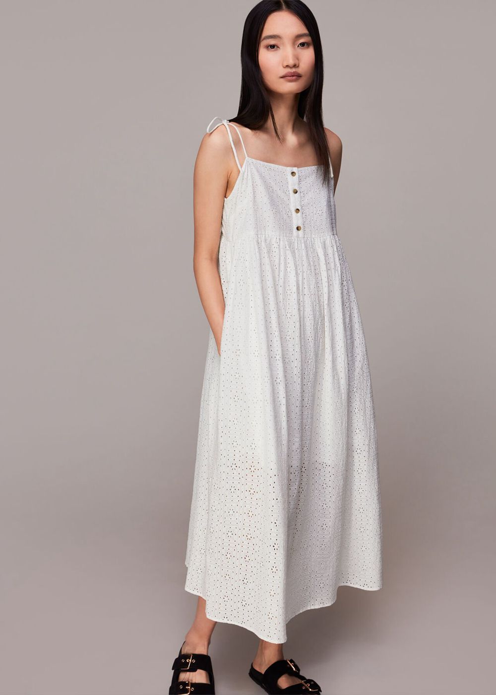 Whistles Mabel Broderie Midi Dress White | US-53219SEJU