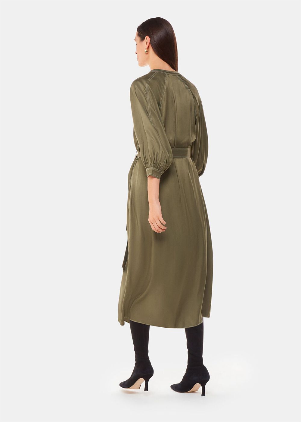 Whistles Mabel Topstitch Dress Khaki | US-46803TGPM