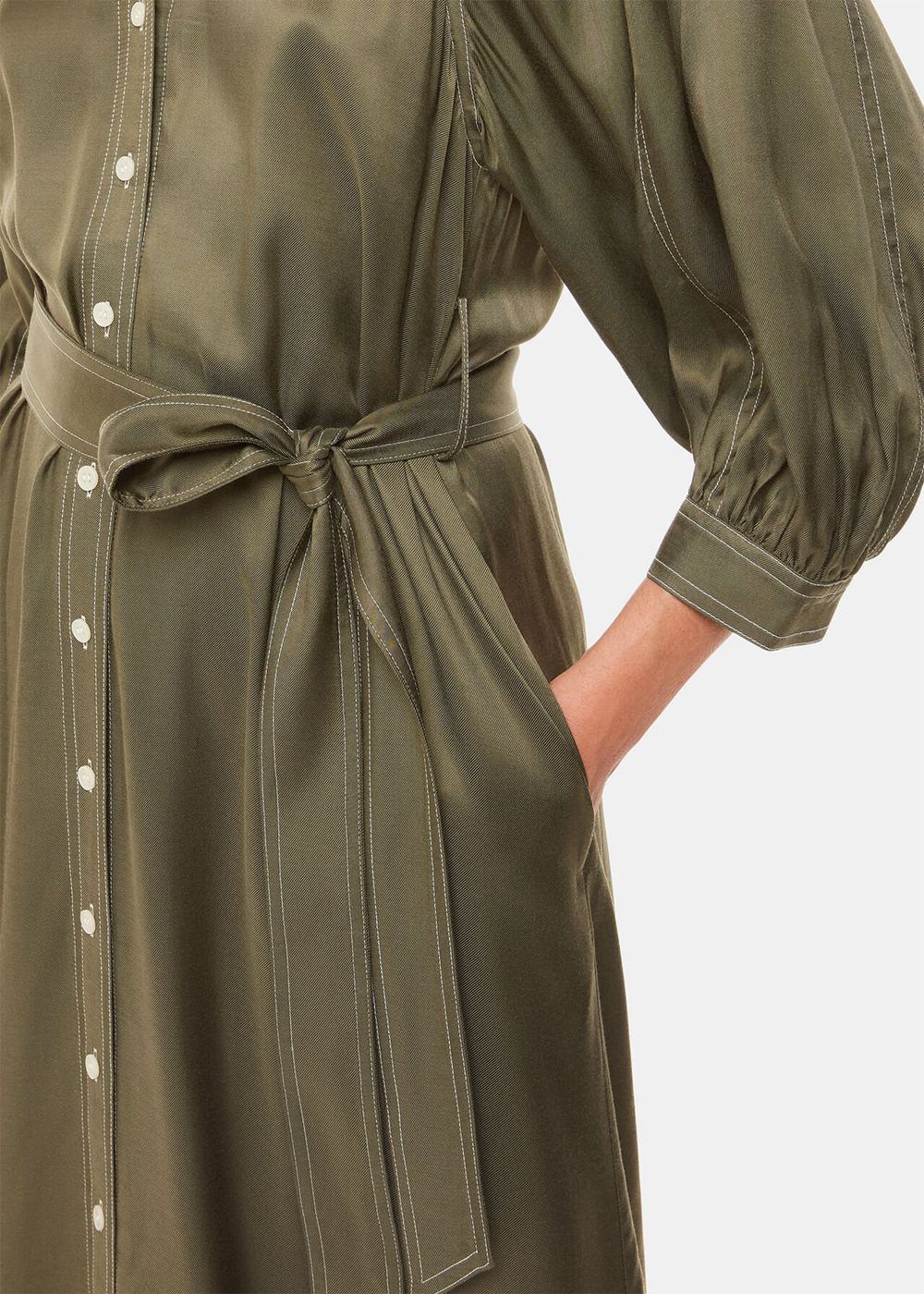 Whistles Mabel Topstitch Dress Khaki | US-46803TGPM