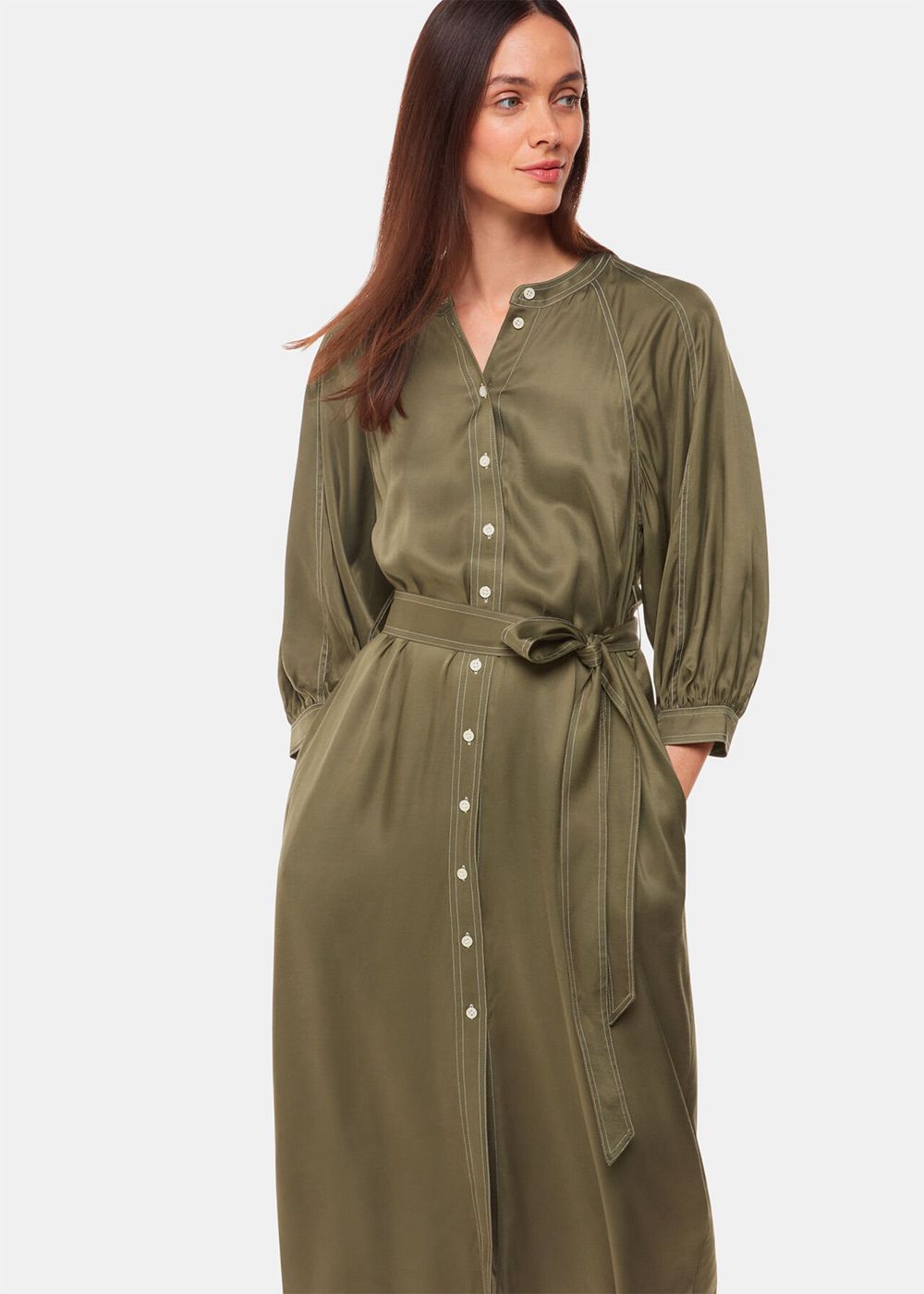 Whistles Mabel Topstitch Dress Khaki | US-46803TGPM