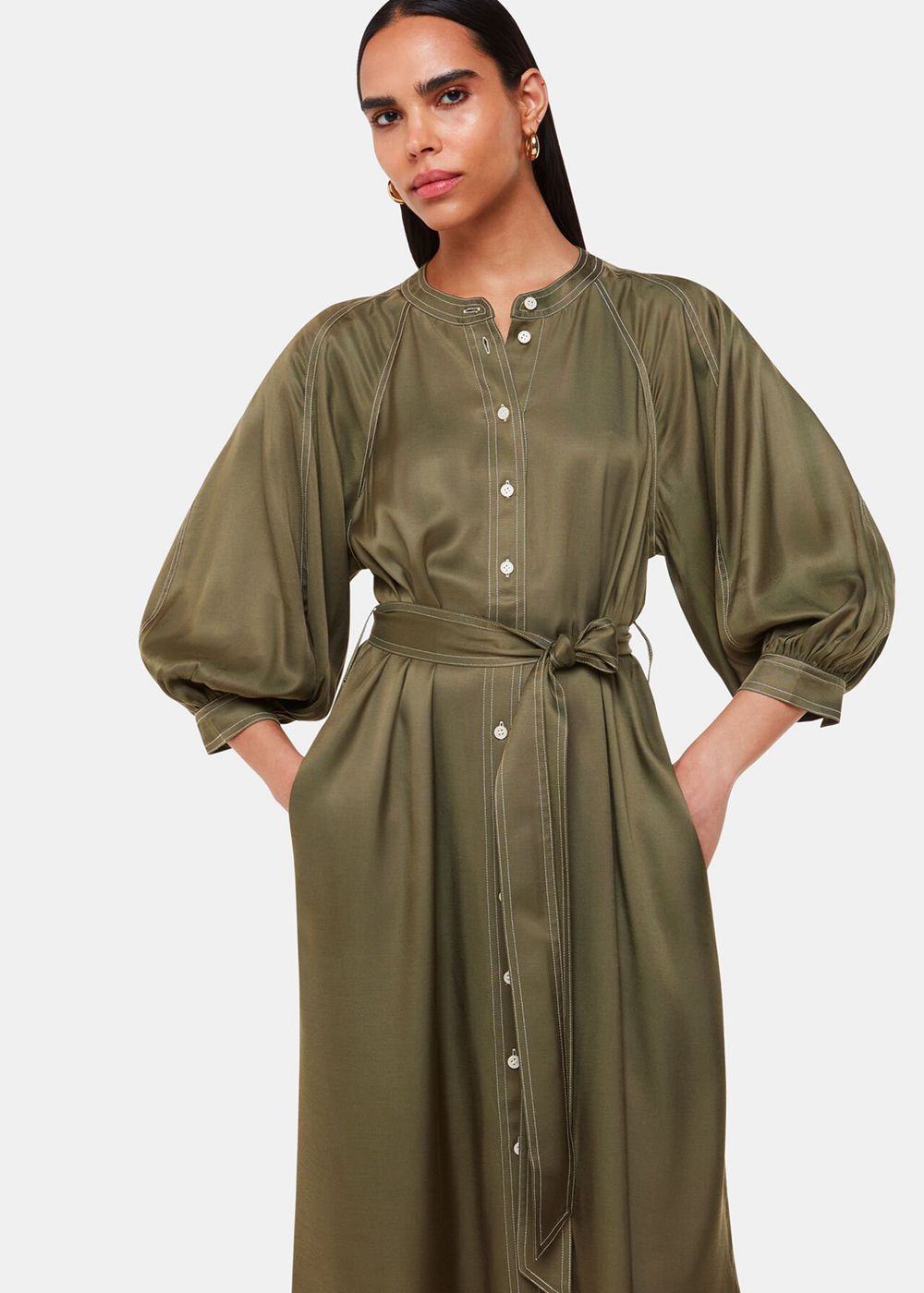 Whistles Mabel Topstitch Dress Khaki | US-46803TGPM