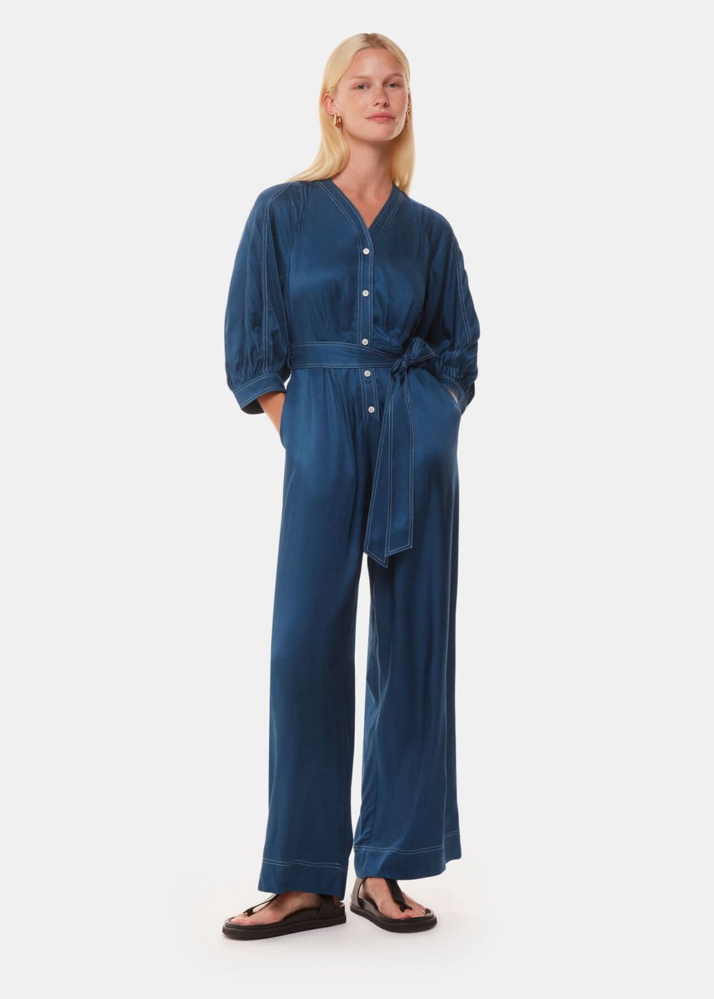 Whistles Mabel Topstitch Jumpsuit Blue | US-51307HEWY