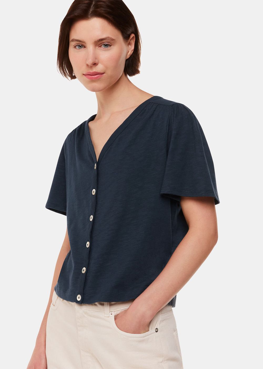 Whistles Maeve V Neck Button Front T-Shirt Navy | US-43187VFQH